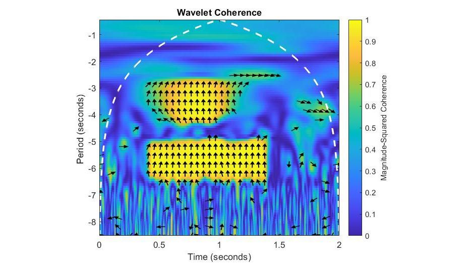 Aceleración de la coherencia de wavelets en GPU Gráfica que muestra la coherencia de wavelets y el cono de influencia de dos señales como ejemplo de una función de wavelet que se puede acelerar con procesamiento de GPU.