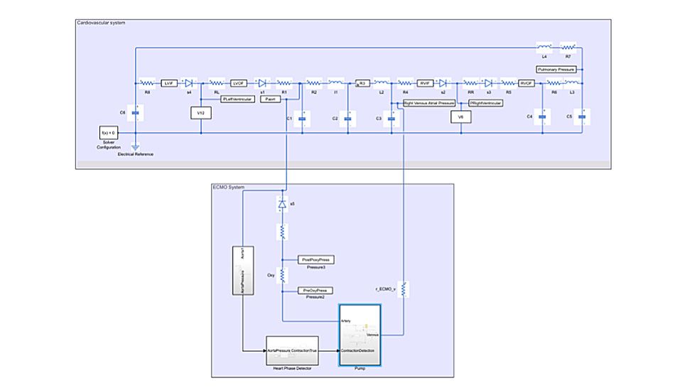 Ejemplo de modelo de medicina in silico de máquinas ECMO/corazón-pulmón y sistema cardiovascular.