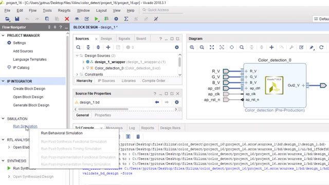 Import a color detection IP block and testbench into Vivado and perform design validation. Then create a standalone design, validate the design and run behavioral simulation.